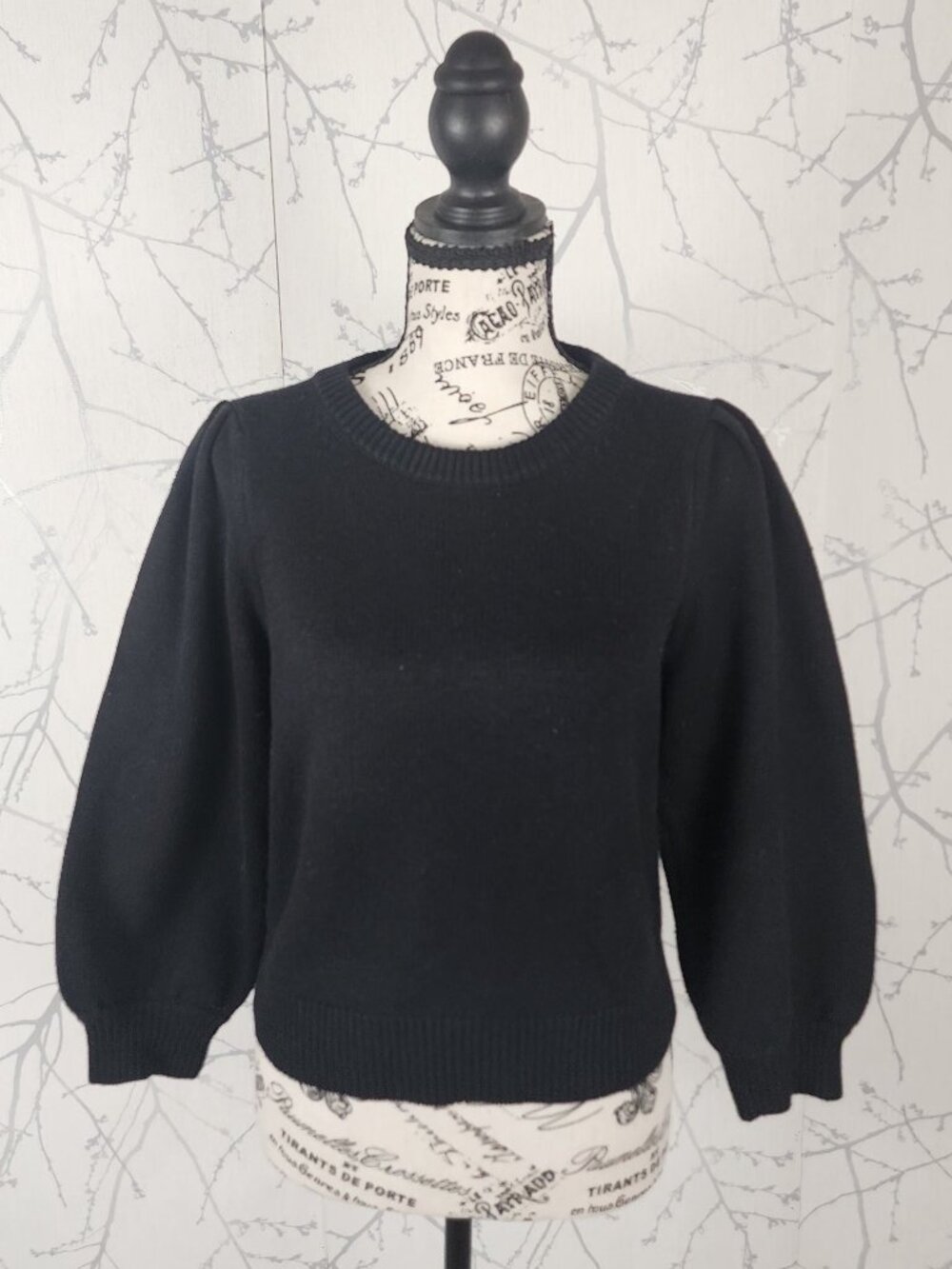 Wilfred Black Merino Wool Cotton Blend Puff Sleeve Seabrook Sweater
